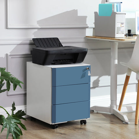 Rootz 3 Drawer Filing Cabinet - Rolling Container - Steel Construction - Lockable - White-Blue - 39cm x 46cm x 53cm