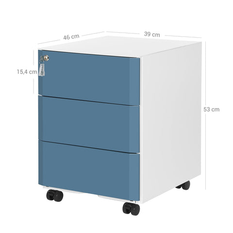 Rootz 3 Drawer Filing Cabinet - Rolling Container - Steel Construction - Lockable - White-Blue - 39cm x 46cm x 53cm