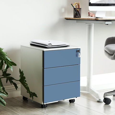 Rootz 3 Drawer Rolling Container - Office Cabinet - File Storage - Versatile - Lockable - Steel Material - 39cm x 45cm x 55cm