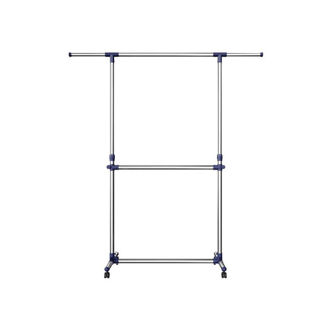 Rootz Clothes Rack - Heavy Duty Clothes Rack - 2 Rods - Industrial Style - Coat Stand With Wheels - Freestanding Clothes Organizer - Mobile Clothing Storage - Powder-coated Iron Pipes - Gray / Blue - 22.5 x 9 x 103.5 cm