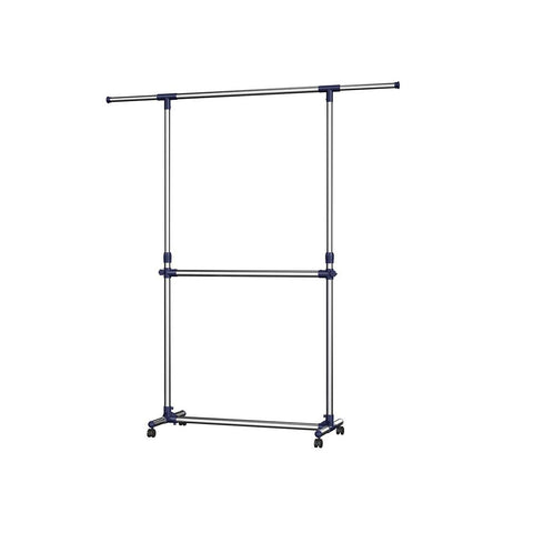 Rootz Clothes Rack - Heavy Duty Clothes Rack - 2 Rods - Industrial Style - Coat Stand With Wheels - Freestanding Clothes Organizer - Mobile Clothing Storage - Powder-coated Iron Pipes - Gray / Blue - 22.5 x 9 x 103.5 cm