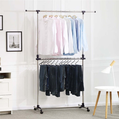Rootz Clothes Rack - Heavy Duty Clothes Rack - 2 Rods - Industrial Style - Coat Stand With Wheels - Freestanding Clothes Organizer - Mobile Clothing Storage - Powder-coated Iron Pipes - Gray / Blue - 22.5 x 9 x 103.5 cm