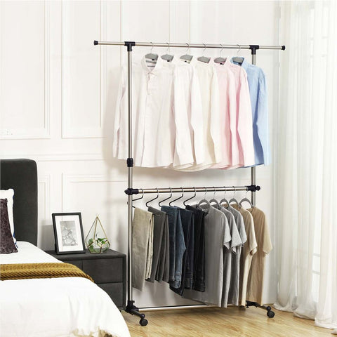 Rootz Clothes Rack - Heavy Duty Clothes Rack - 2 Rods - Industrial Style - Coat Stand With Wheels - Freestanding Clothes Organizer - Mobile Clothing Storage - Powder-coated Iron Pipes - Gray / Blue - 22.5 x 9 x 103.5 cm