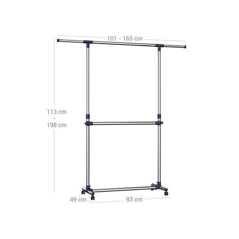 Rootz Clothes Rack - Heavy Duty Clothes Rack - 2 Rods - Industrial Style - Coat Stand With Wheels - Freestanding Clothes Organizer - Mobile Clothing Storage - Powder-coated Iron Pipes - Gray / Blue - 22.5 x 9 x 103.5 cm