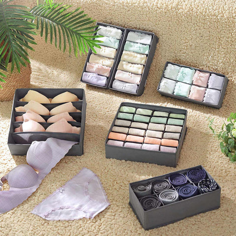 Rootz 8 Piece Set Drawer Organizers - Underwear Storage - Fabric Boxes - Closet Organization - Gray - Non-Woven Fabric - PE Board - Cardboard - 32cm x 32cm x 10cm