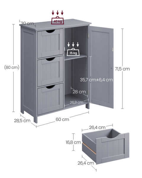 Rootz Bathroom Cabinet Storage Organizer - Gray Room Cabinet - Shelf Unit - MDF Material - 30 x 60 x 81 cm