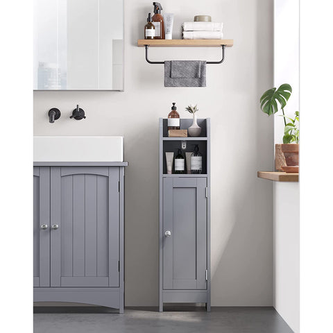 Rootz Narrow Bathroom Cabinet - Space-Saving Storage Unit - Grey MDF - Adjustable Shelves - 20cm x 18cm x 80cm
