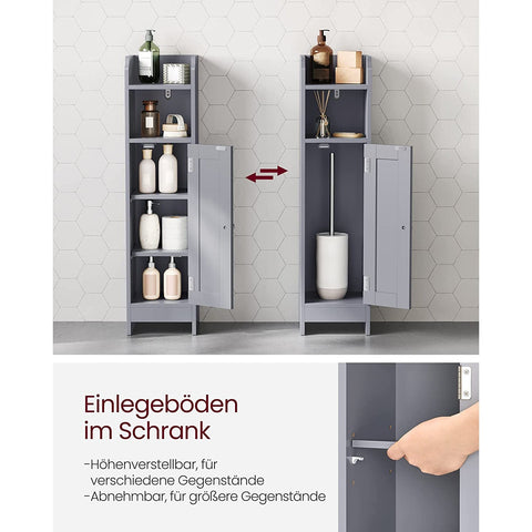 Rootz Narrow Bathroom Cabinet - Space-Saving Storage Unit - Grey MDF - Adjustable Shelves - 20cm x 18cm x 80cm