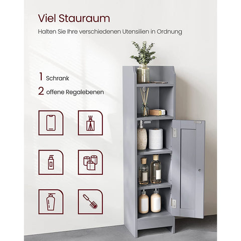Rootz Narrow Bathroom Cabinet - Space-Saving Storage Unit - Grey MDF - Adjustable Shelves - 20cm x 18cm x 80cm