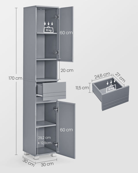 Rootz Mystical Grey Bathroom Cabinet - MDF Storage - Tall Cupboard - 30 x 30 x 170 cm - Organization Solution