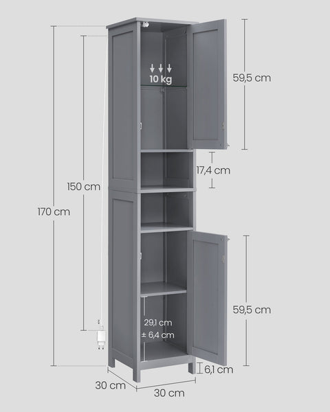 Rootz Bathroom Cabinet - Storage Unit -  Grey - MDF Construction - Built-in Lighting - 30cm x 30cm x 170cm