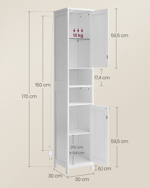Rootz Bathroom Cabinet - Storage Organizer - Tall Cabinet - MDF - Cloud White - 30cm x 30cm x 170cm - Adjustable Shelves - Anti-Tip - 60kg Capacity