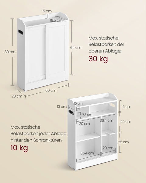 Rootz Bathroom Cabinet - Storage Unit - Adjustable Shelves - Cloud White - MDF Construction - 20cm x 60cm x 80cm - 13.2kg - Stylish Design