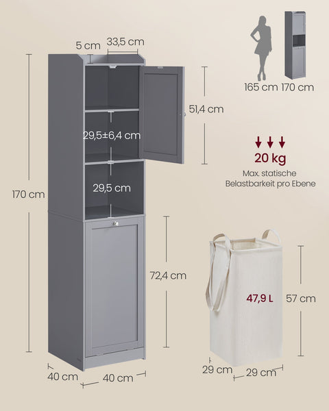 Rootz Bathroom Cabinet with Laundry Basket - Dove Gray - MDF Polyester Fabric - Handles - 40cm x 40cm x 170cm - 24kg - 20kg Capacity