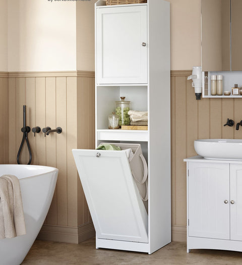 Rootz Bathroom Cabinet with Laundry Basket - MDF Storage - Polyester Fabric - Cloud White - 40cm x 40cm x 170cm - Static Load 20kg