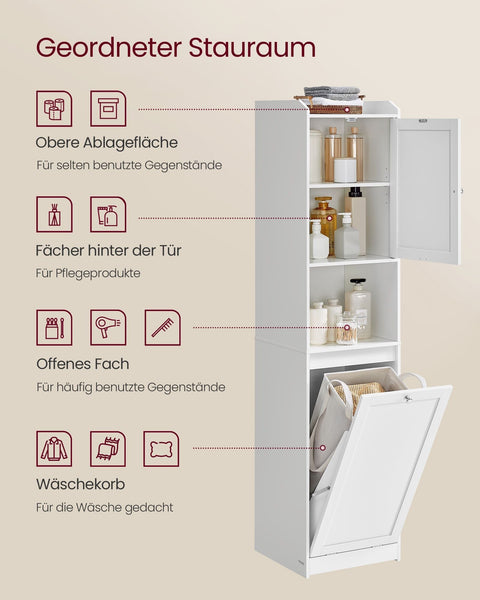 Rootz Bathroom Cabinet with Laundry Basket - MDF Storage - Polyester Fabric - Cloud White - 40cm x 40cm x 170cm - Static Load 20kg