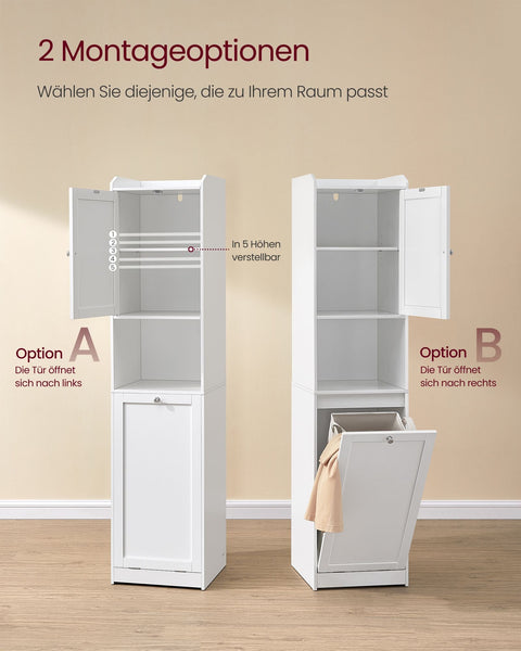 Rootz Bathroom Cabinet with Laundry Basket - MDF Storage - Polyester Fabric - Cloud White - 40cm x 40cm x 170cm - Static Load 20kg