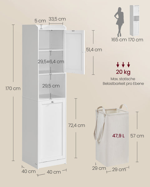 Rootz Bathroom Cabinet with Laundry Basket - Storage Organizer - MDF Shelving Unit - Space Saving - 40 x 40 x 170 cm