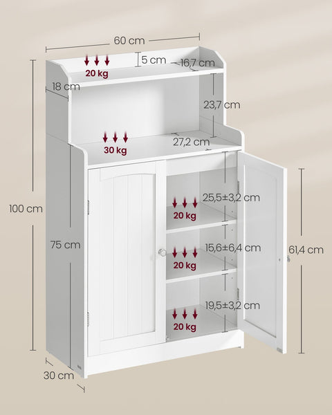 Rootz Bathroom Cabinet Cloud White - Storage Unit - MDF Construction - 2 doors and Shelves - Large & Sturdy - 30cm x 60cm x 100cm