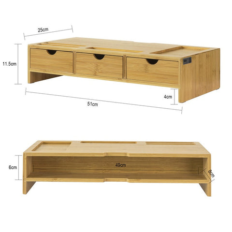 Rootz Adjustable Bamboo Monitor Stand - Dual Monitor Riser - Desk Organizer with Drawers - Swivel Sides - Cable Management - 60-108cm x 11cm x 22cm