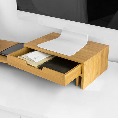 Rootz Adjustable Bamboo Monitor Stand - Dual Monitor Riser - Desk Organizer with Drawers - Swivel Sides - Cable Management - 60-108cm x 11cm x 22cm