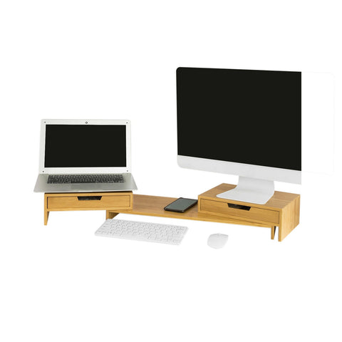 Rootz Adjustable Bamboo Monitor Stand - Dual Monitor Riser - Desk Organizer with Drawers - Swivel Sides - Cable Management - 60-108cm x 11cm x 22cm