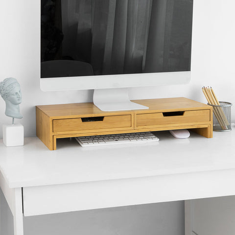 Rootz Adjustable Bamboo Monitor Stand - Dual Monitor Riser - Desk Organizer with Drawers - Swivel Sides - Cable Management - 60-108cm x 11cm x 22cm