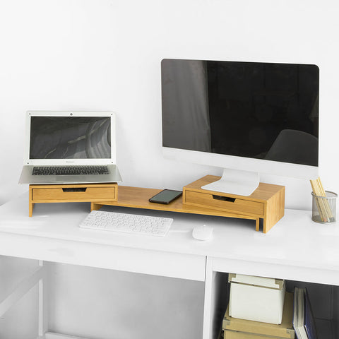 Rootz Adjustable Bamboo Monitor Stand - Dual Monitor Riser - Desk Organizer with Drawers - Swivel Sides - Cable Management - 60-108cm x 11cm x 22cm
