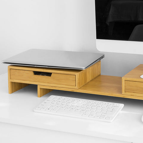 Rootz Adjustable Bamboo Monitor Stand - Dual Monitor Riser - Desk Organizer with Drawers - Swivel Sides - Cable Management - 60-108cm x 11cm x 22cm