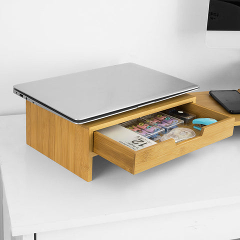 Rootz Adjustable Bamboo Monitor Stand - Dual Monitor Riser - Desk Organizer with Drawers - Swivel Sides - Cable Management - 60-108cm x 11cm x 22cm