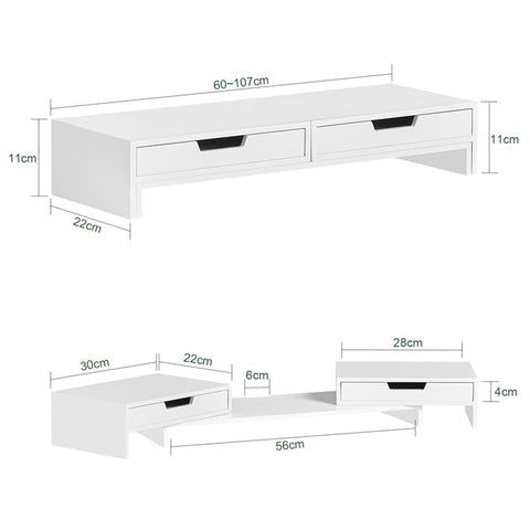 Rootz Adjustable Bamboo Monitor Stand - Dual Monitor Riser - Desk Organizer with Drawers - Swivel Sides - Cable Management - Neck Pain Relief - 60-107cm x 11cm x 22cm