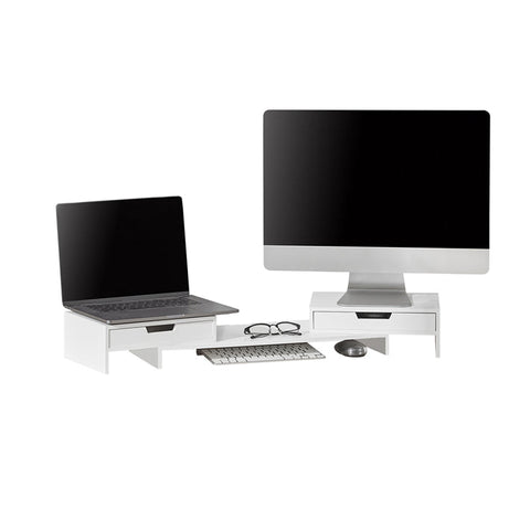 Rootz Adjustable Bamboo Monitor Stand - Dual Monitor Riser - Desk Organizer with Drawers - Swivel Sides - Cable Management - Neck Pain Relief - 60-107cm x 11cm x 22cm