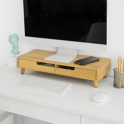 Rootz Bamboo Monitor Riser Stand with 2 Drawers - Desk Organizer - Keyboard Storage - Non-Slip Feet - Ergonomic Design - 56cm x 12cm x 23cm