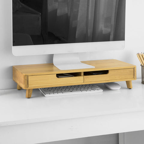 Rootz Bamboo Monitor Riser Stand with 2 Drawers - Desk Organizer - Keyboard Storage - Non-Slip Feet - Ergonomic Design - 56cm x 12cm x 23cm