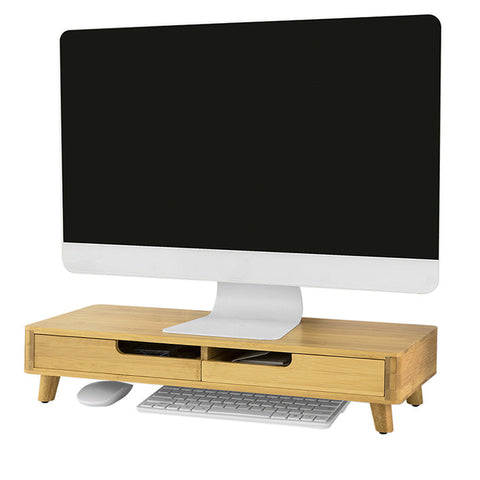 Rootz Bamboo Monitor Riser Stand with 2 Drawers - Desk Organizer - Keyboard Storage - Non-Slip Feet - Ergonomic Design - 56cm x 12cm x 23cm