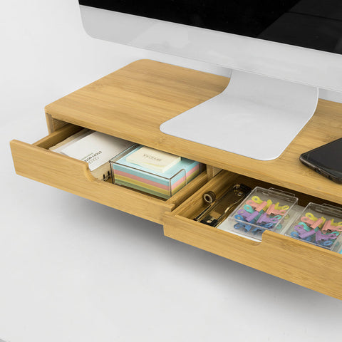 Rootz Bamboo Monitor Riser Stand with 2 Drawers - Desk Organizer - Keyboard Storage - Non-Slip Feet - Ergonomic Design - 56cm x 12cm x 23cm