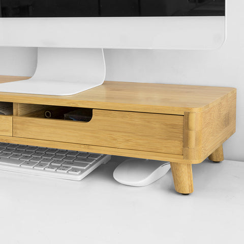 Rootz Bamboo Monitor Riser Stand with 2 Drawers - Desk Organizer - Keyboard Storage - Non-Slip Feet - Ergonomic Design - 56cm x 12cm x 23cm