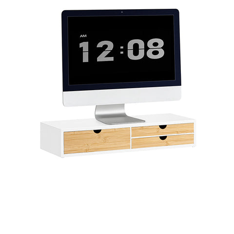 Rootz Monitor Stand Riser - Screen Elevation - Desk Organizer - Space-saving - 3 Drawers - MDF & Bamboo - 60x11x22cm