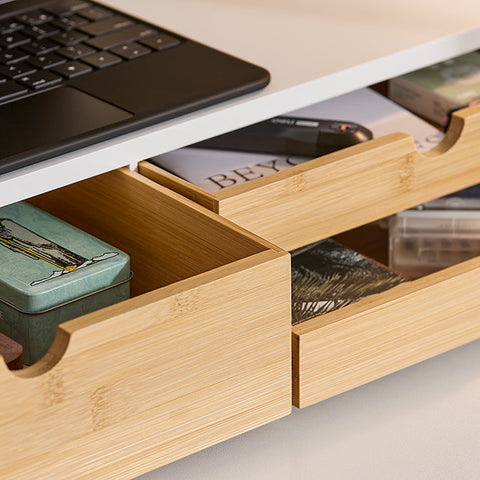 Rootz Monitor Stand Riser - Screen Elevation - Desk Organizer - Space-saving - 3 Drawers - MDF & Bamboo - 60x11x22cm