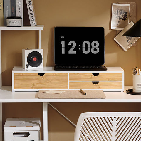 Rootz Monitor Stand Riser - Screen Elevation - Desk Organizer - Space-saving - 3 Drawers - MDF & Bamboo - 60x11x22cm