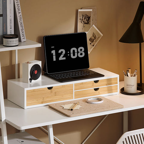 Rootz Monitor Stand Riser - Screen Elevation - Desk Organizer - Space-saving - 3 Drawers - MDF & Bamboo - 60x11x22cm