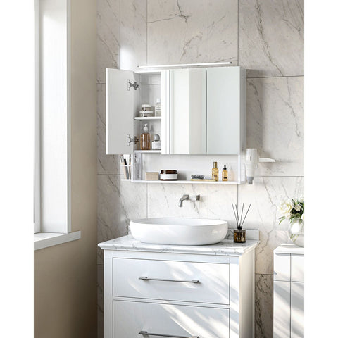 Rootz White Bathroom Cabinet - Storage Organizer - Chipboard Steel Glass - Adjustable Shelves - Hair Dryer Holder - 14.5cm x 70cm x 70cm