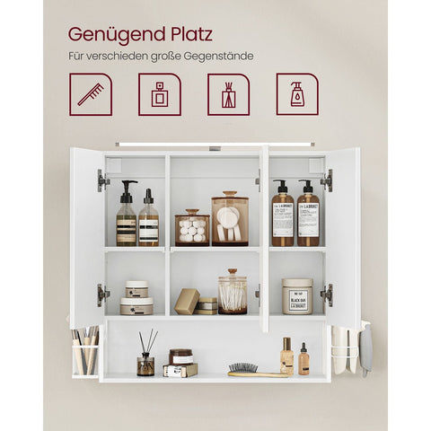 Rootz White Bathroom Cabinet - Storage Organizer - Chipboard Steel Glass - Adjustable Shelves - Hair Dryer Holder - 14.5cm x 70cm x 70cm