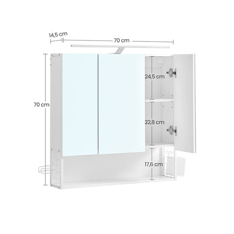 Rootz White Bathroom Cabinet - Storage Organizer - Chipboard Steel Glass - Adjustable Shelves - Hair Dryer Holder - 14.5cm x 70cm x 70cm