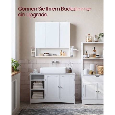 Rootz White Bathroom Cabinet - Storage Organizer - Chipboard Steel Glass - Adjustable Shelves - Hair Dryer Holder - 14.5cm x 70cm x 70cm