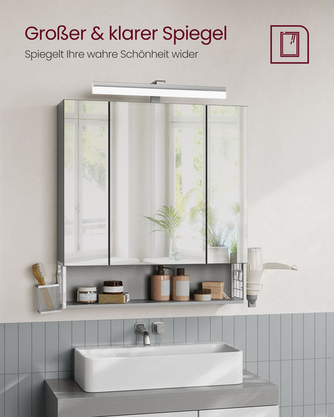 Rootz Bathroom Cabinet - Storage Unit - Organizer - Chipboard MDF Metal Glass Mirror - 16.5cm x 70cm x 75cm - Cloud White Dove Gray - 20kg Capacity