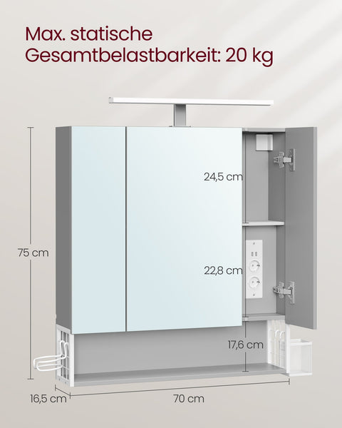 Rootz Bathroom Cabinet - Storage Unit - Organizer - Chipboard MDF Metal Glass Mirror - 16.5cm x 70cm x 75cm - Cloud White Dove Gray - 20kg Capacity