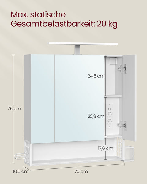 Rootz Bathroom Cabinet - Storage Unit - Organizer - Chipboard - MDF - Metal - Glass Mirror - 16.5cm x 70cm x 75cm - Cloud White - 20kg Capacity