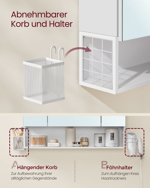 Rootz Bathroom Cabinet - Storage Unit - Organizer - Chipboard - MDF - Metal - Glass Mirror - 16.5cm x 70cm x 75cm - Cloud White - 20kg Capacity