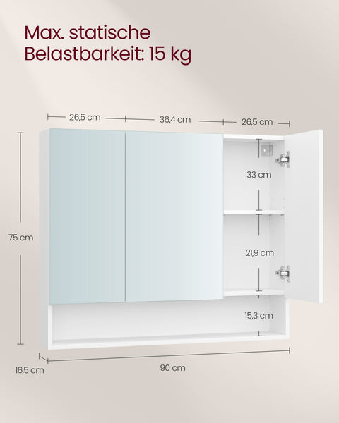 Rootz Bathroom Cabinet - Storage Unit - Closet - White Finish - 3 Doors - 16.5cm x 90cm x 75cm